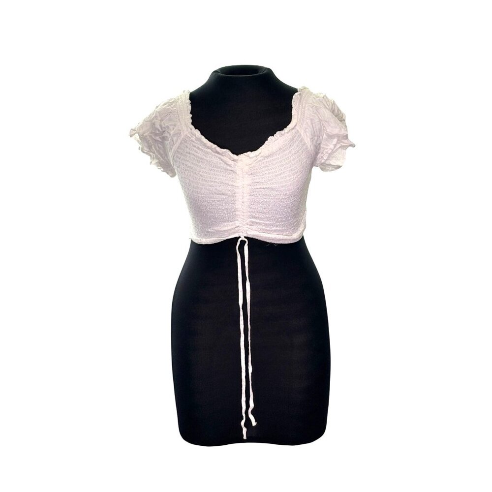 White Love Tree Ruched Crop Top With Short Ruffle Sleeves L